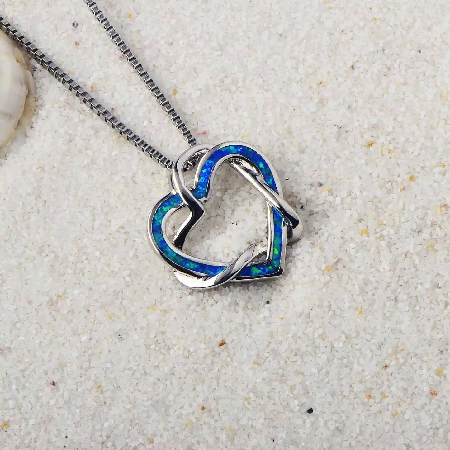 Eternal Intertwined Heart Copper Silver Plated Lariat Opal Pendant-Blue Fire Opal Inlaid Double Heart Design | Romantic Love