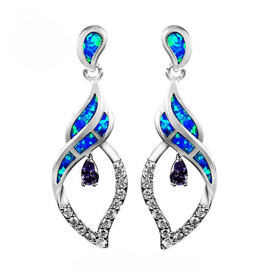 Twisted Opal & Amethyst Drop Earrings - Blue Fire Opal & Purple Crystal Inlaid Design | Glam Evening Jewelry Bulk Gifts