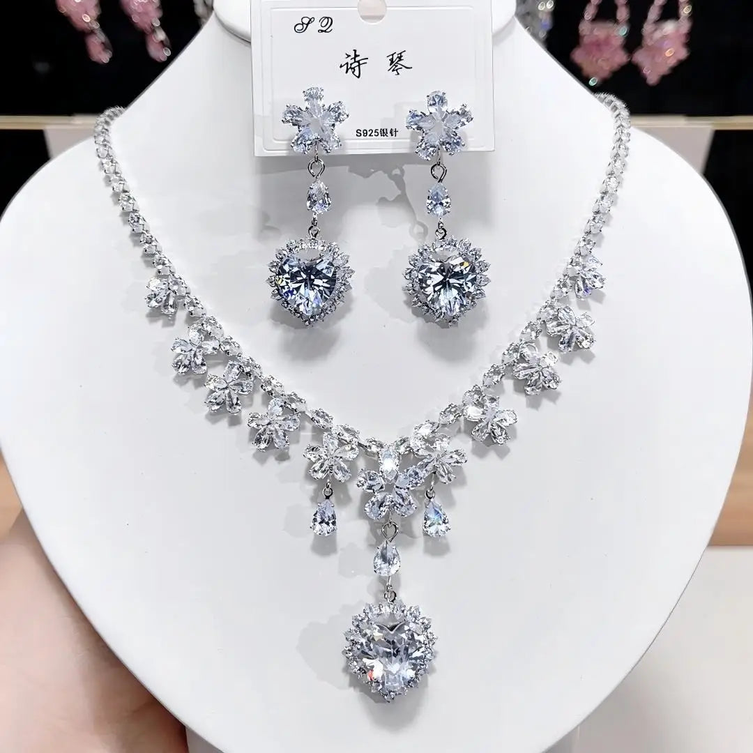 K052 Top Quality Luxury Exquisite Heart and Flower Zircon Necklace Earrings Set Women Elegant Jewelry Set for Party