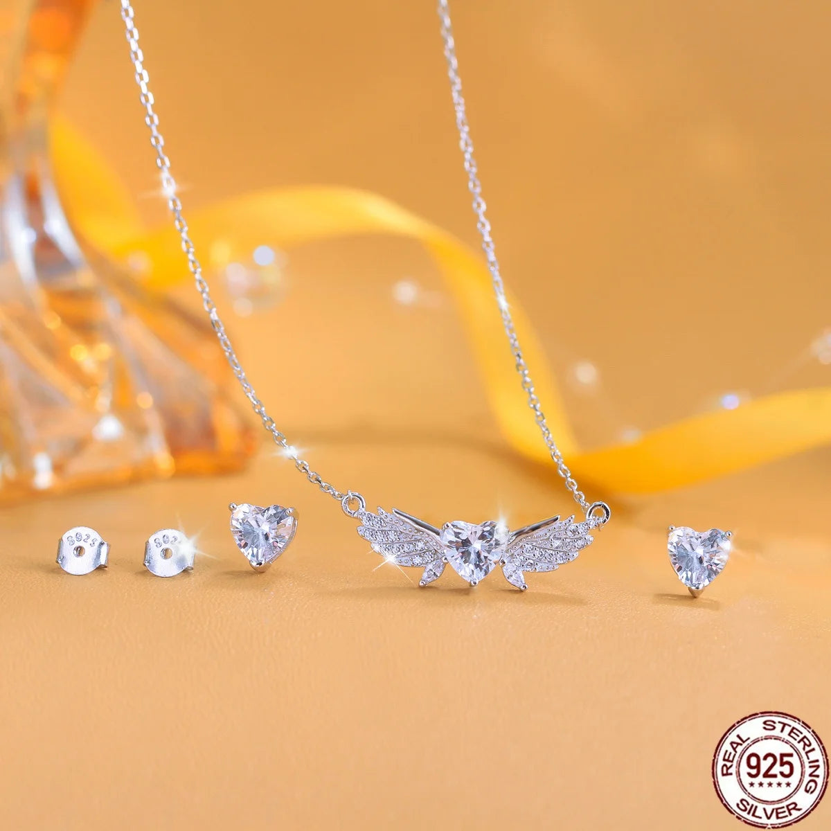 S&S 925 Silver Heart CZ Necklace & Earrings Set | Heart-Cut Zircon | Rhodium-Plated