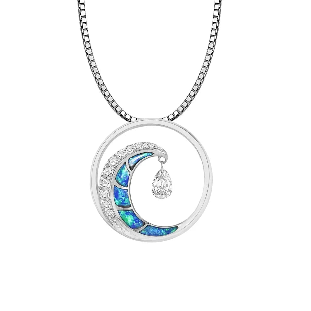 TikTok Viral Wave Opal Silver Plated Copper Box Chain Christian Lariat Necklace | Blue Ocean-Inspired Women's Gift Jewelry