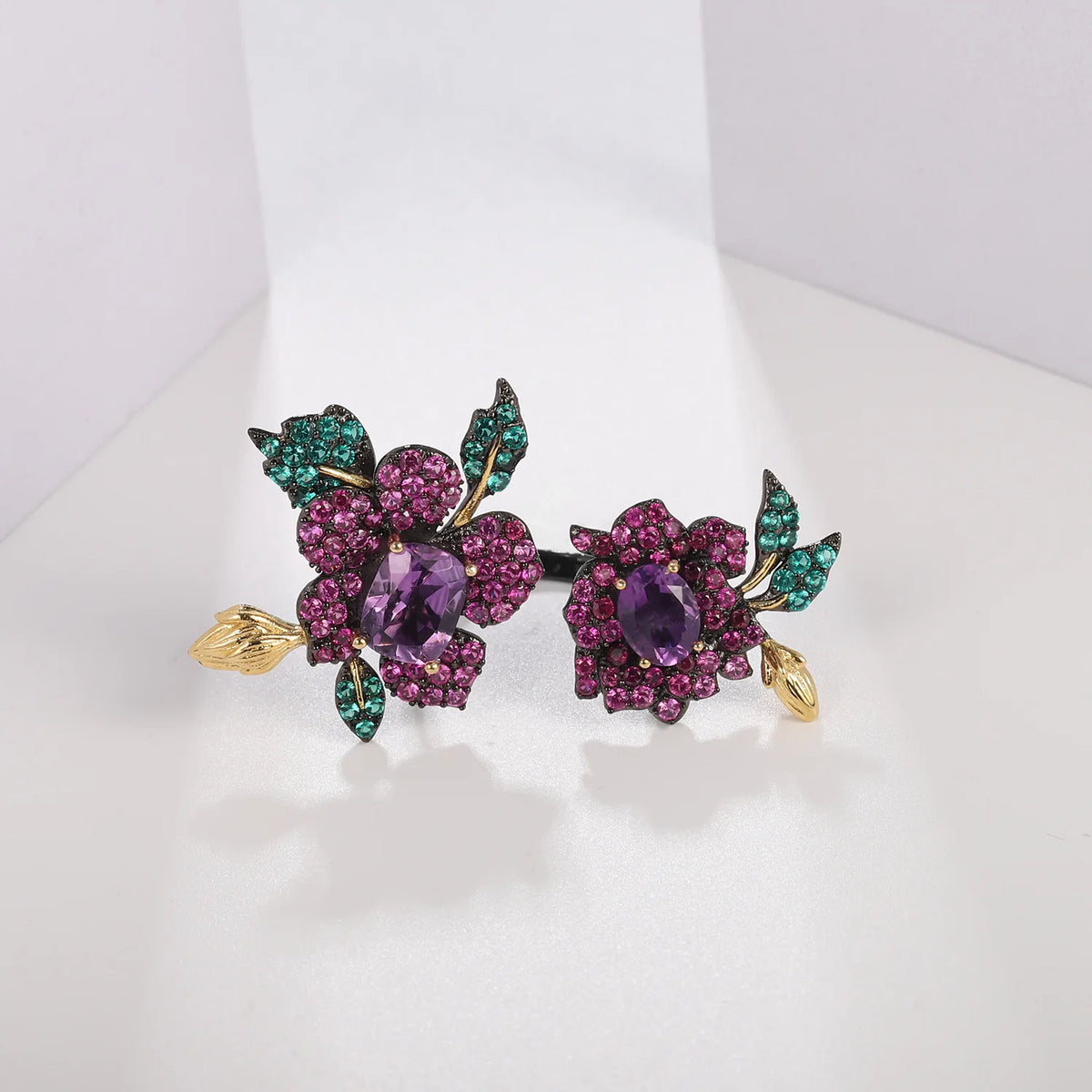 REDheart TIANSHE Design High-end Jewelry S925 Pure Silver Flower Brooch Pendant Natural Amethyst Ring Earrings Set