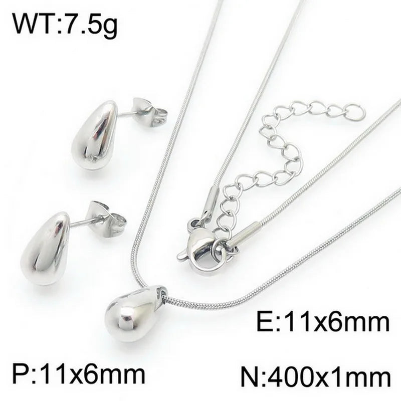 REBEL High-quality Fashion Chubby Water Drop Stainless Steel Hollow Earrings Necklace Charm Temperament Jewelry Set