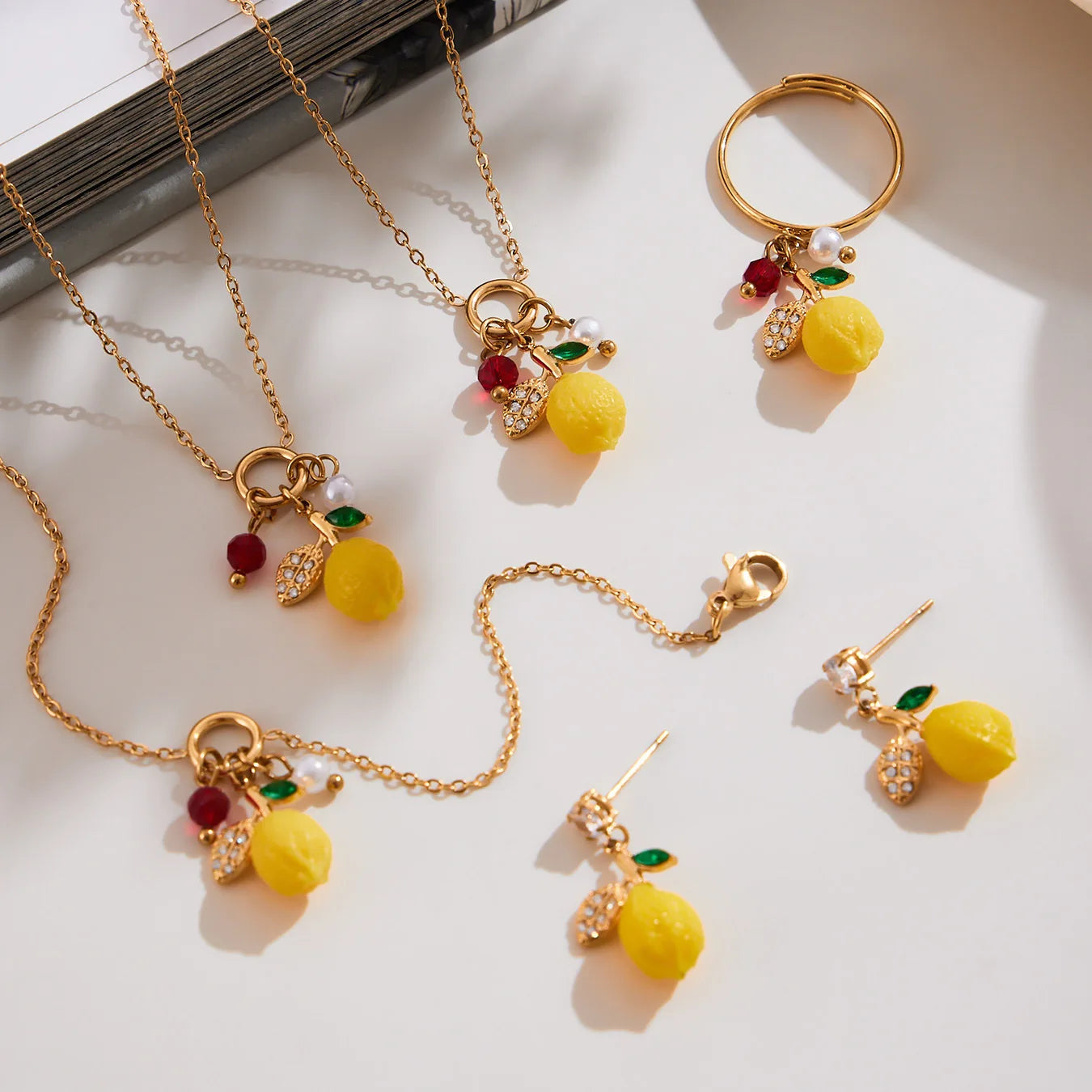 Lemon Fruit Zircon Jewellery Collection | Necklace, Earrings, Bracelet & Ring | Gold & Silver