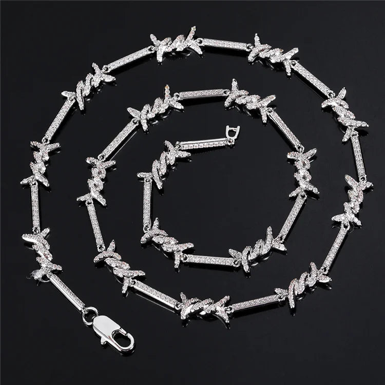 BiG-BOSS New Unisex Punk Luxury Thorns Design Hip Hop Copper Jewelry Full Zircon Barbed Wire Necklace Thorn Necklace