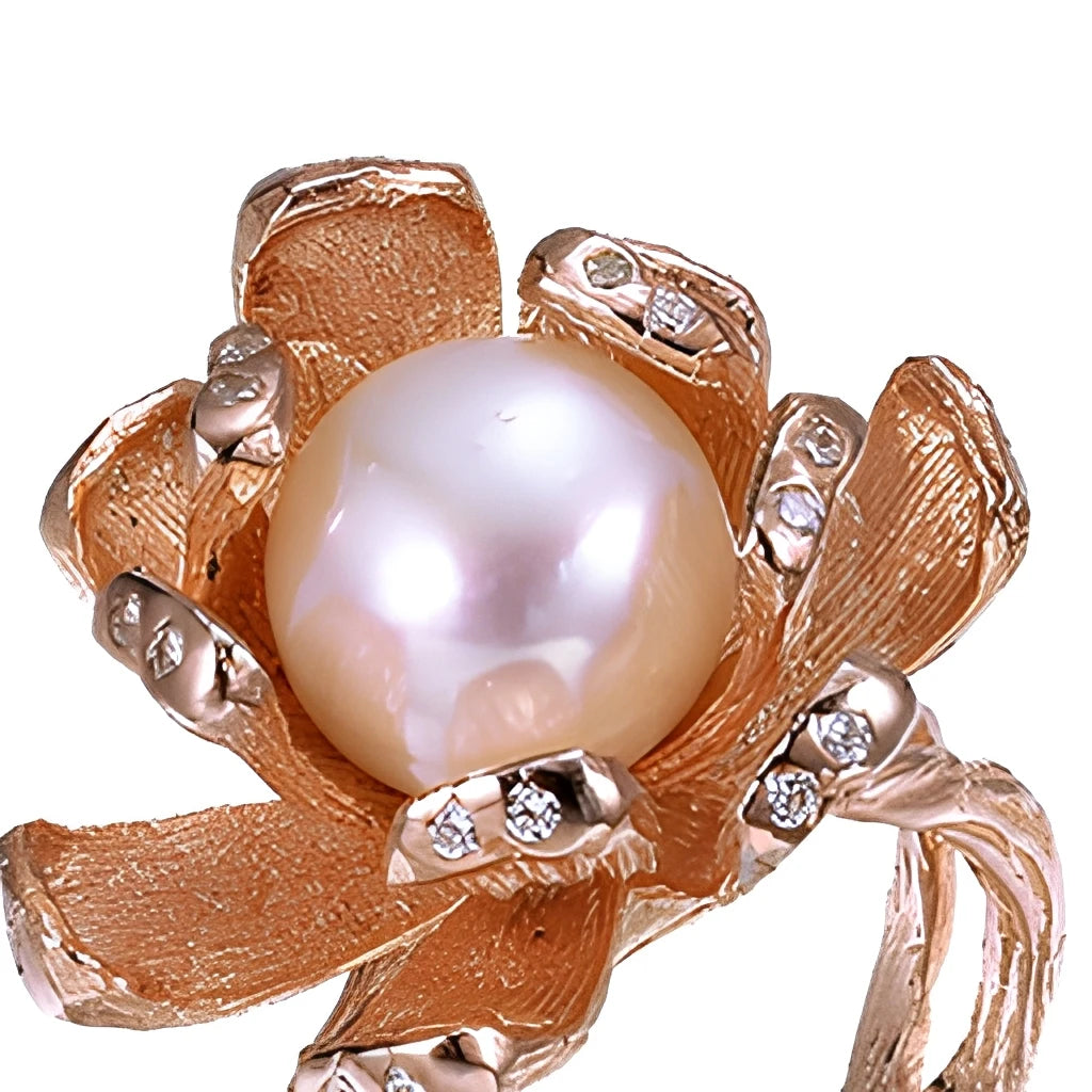 Flower Design Freshwater Button Pearl 925 Sterling Silver Ring with Rose Gold Plated