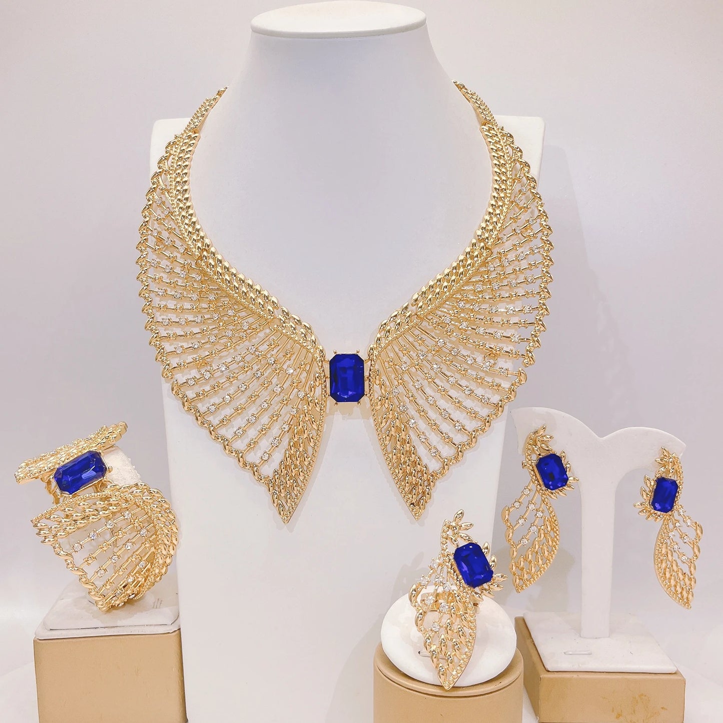 Zhuerrui Gold Plated Feather Design Necklace Bracelet Earrings Set with Blue Gemstones Rhinestones for Party Wedding 100029