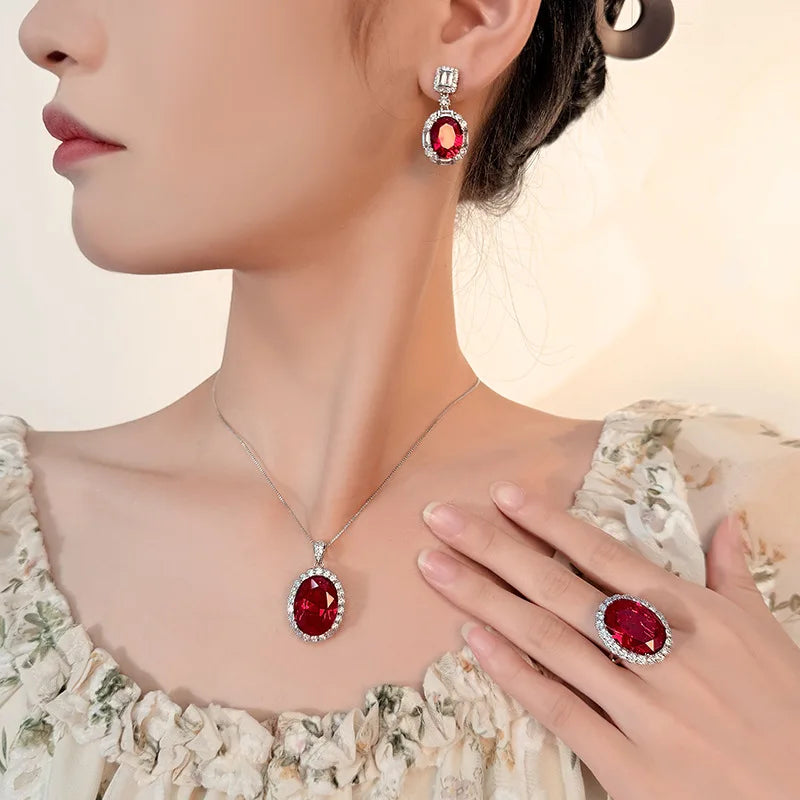 Gemfiori European and American Atmospheric Pigeon Egg Zircon Inlaid Pendant Earrings Ring Three Piece Set Banquet Party Accessories