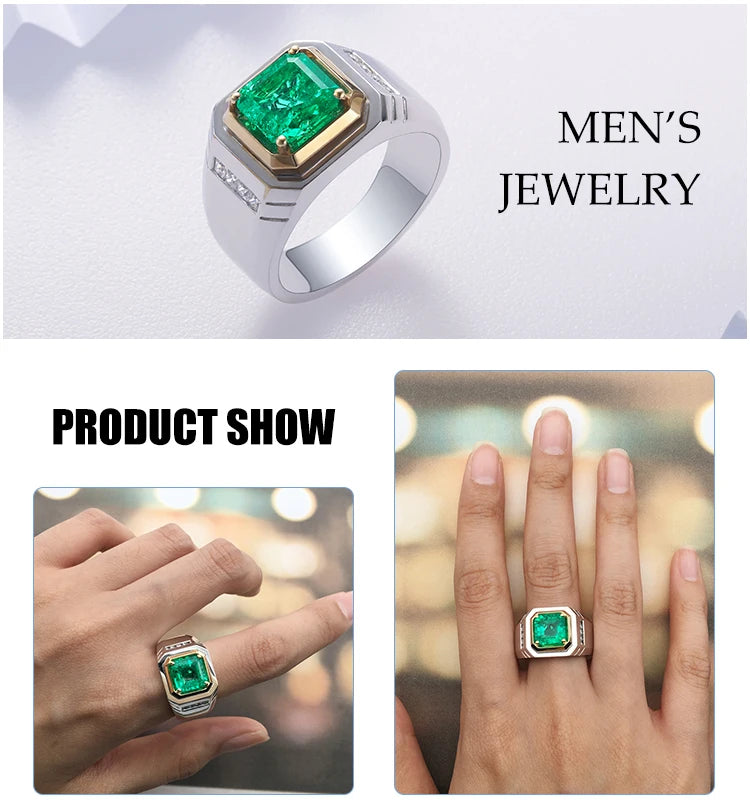 Gemfiori Men's Classic Rhodium Plated 925 Sterling Emerald Ring Diamond Inset Gemstone Wedding Party Ring for Engagement or Gift