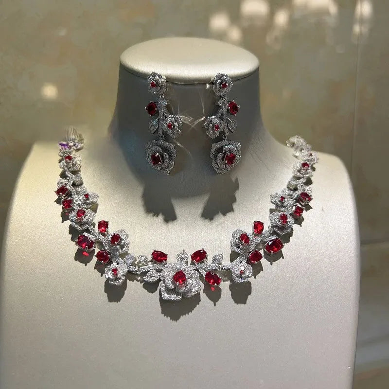 XM S203  Luxury Royal Blue Gemstone Flower Statement Necklace and Drop Earrings Set