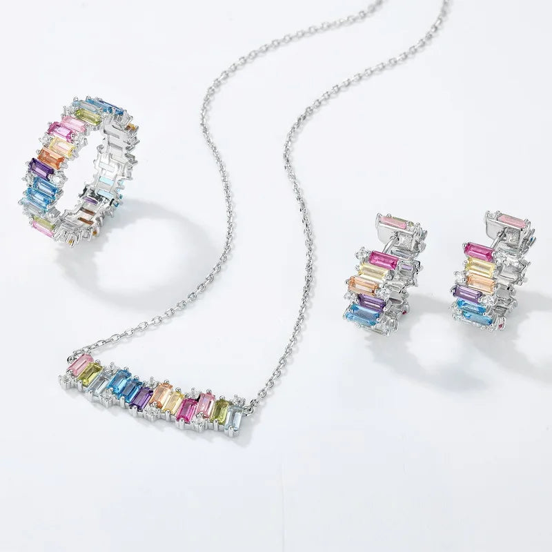 Gemfiori Irregular Geometry Color Zirconia Necklace S925 Silver Set Rainbow Zirconia Earrings Simple Fashion Set