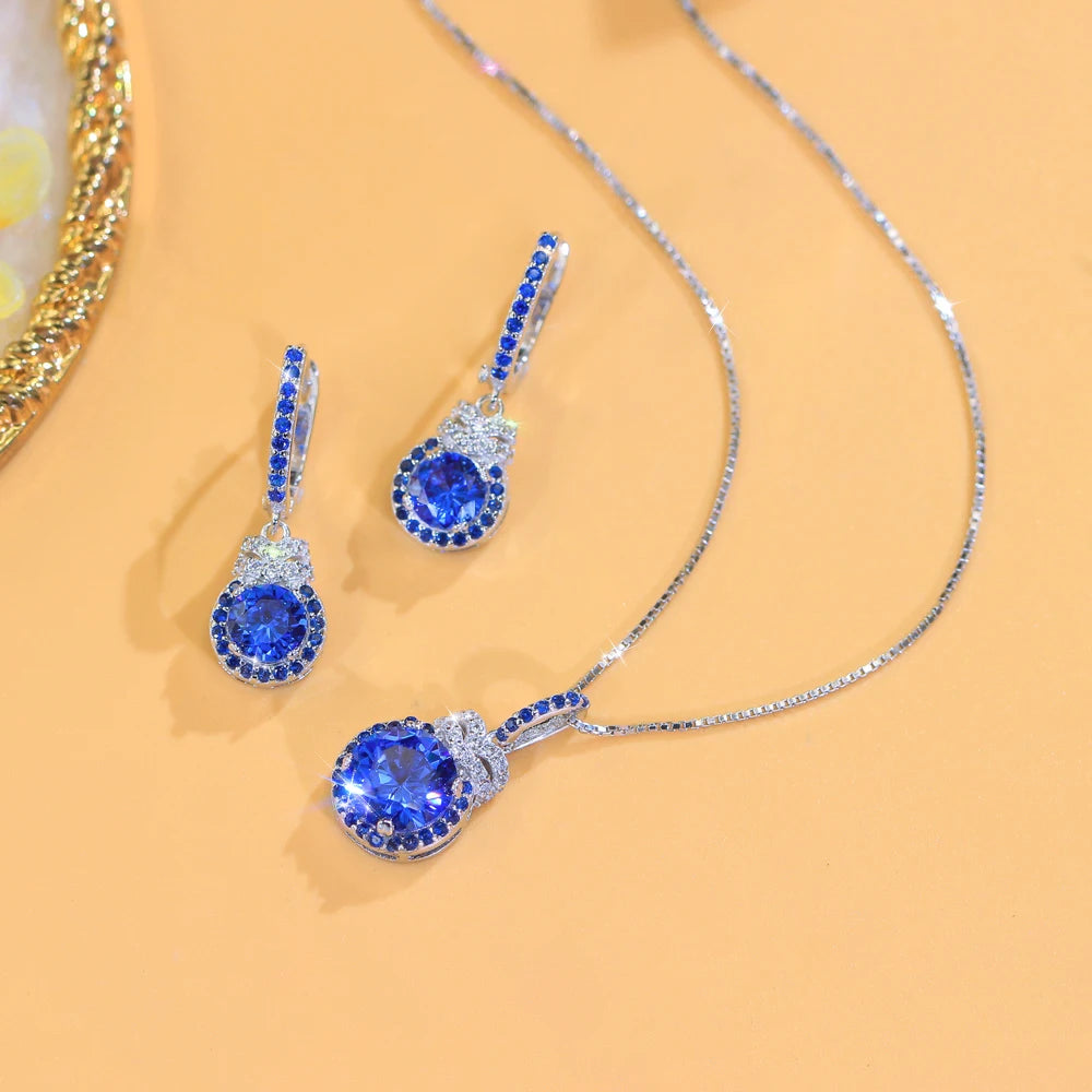 Exquisite S925 Sterling Silver Pendant Earrings CZ and Round Blue Synthetic Tanzanite Stone Jewelry Set for Women Daily Wear