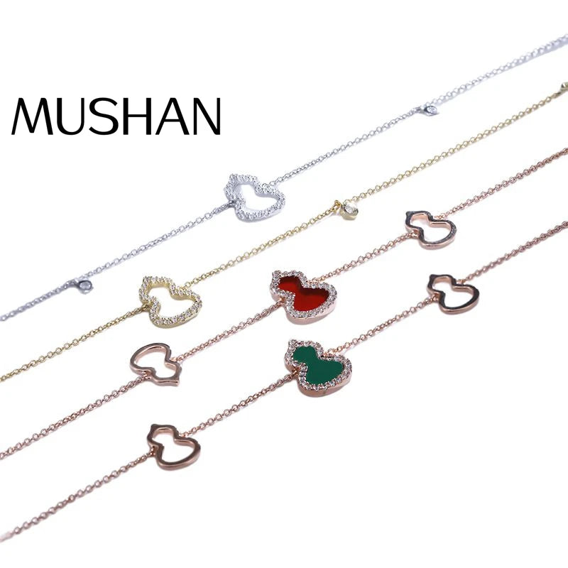 MuShan Jewelry Factory Chinese Gourd Bracelet 925 Silver Plated with champagne Gold Green Jade Red and Agate Fu Lu Bracelet