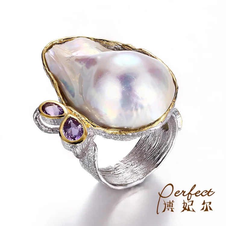 Natural Freshwater Baroque Pearl 925 Sterling Silver Rings