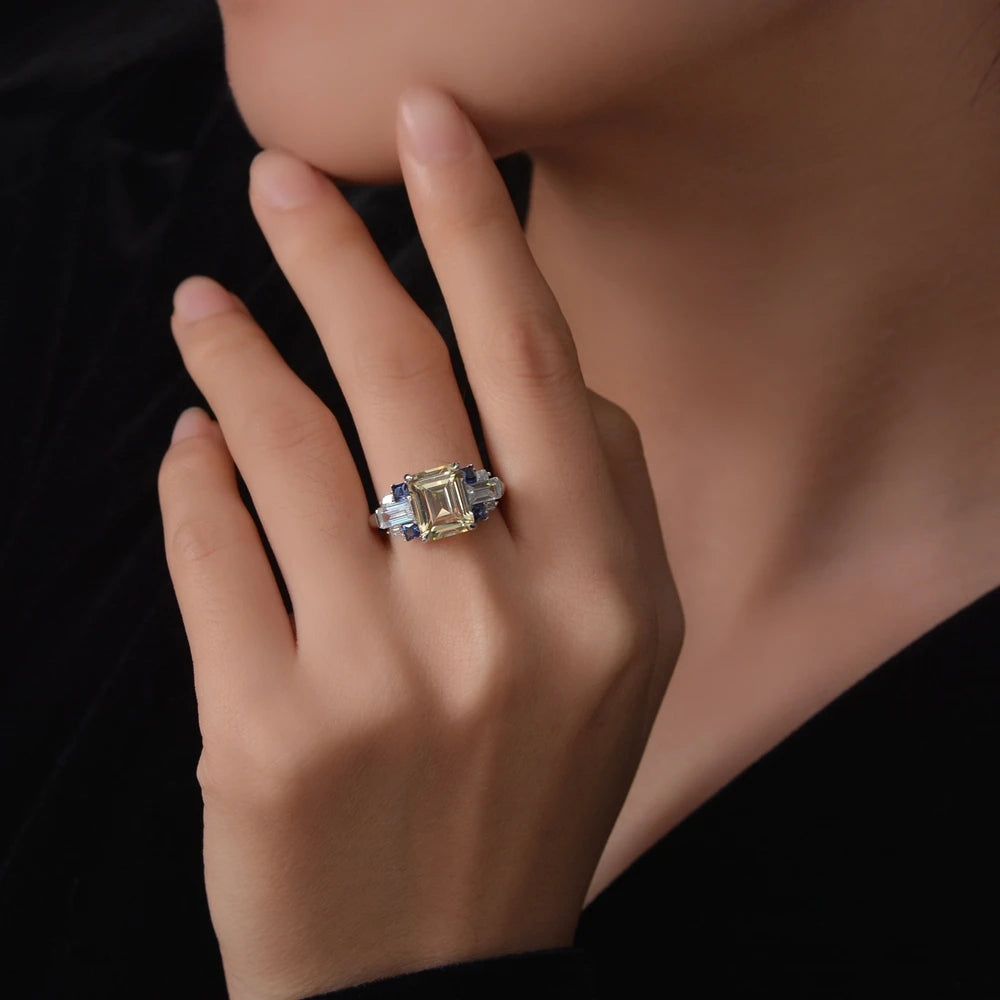 MuShan Jewelry Factory S925 Silver 4 Carat Artificial Gemstone Rectangular 8*10 Ring High Carbon Diamond Light Luxury Ring