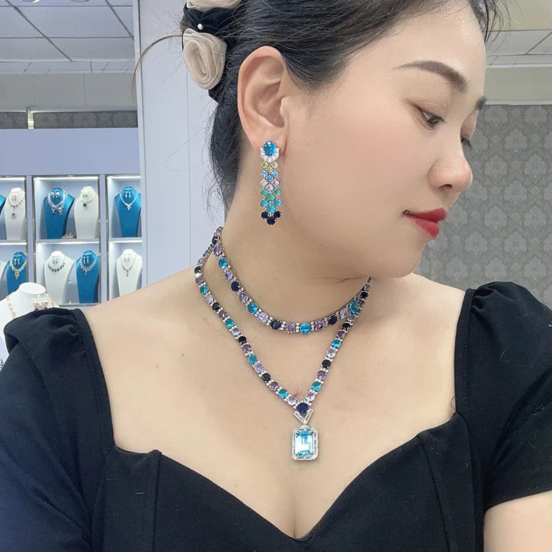 High End Dubai Double-layer pink Necklace and Earring Bracelet Set Fashionable Wedding Jewelry  Zircon Direct Sales Gift