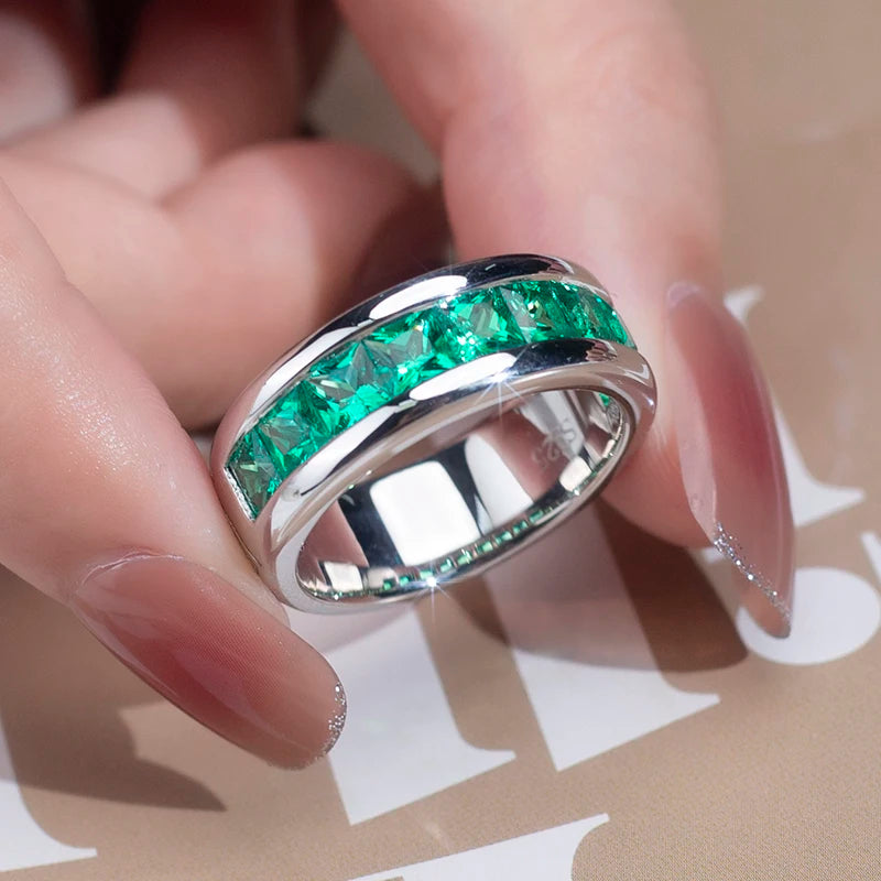 Messi Jewelry MSR-1182 Classic Style 925 Silver Princess Cut Lab Grown Colombia Emerald Engagement Ring