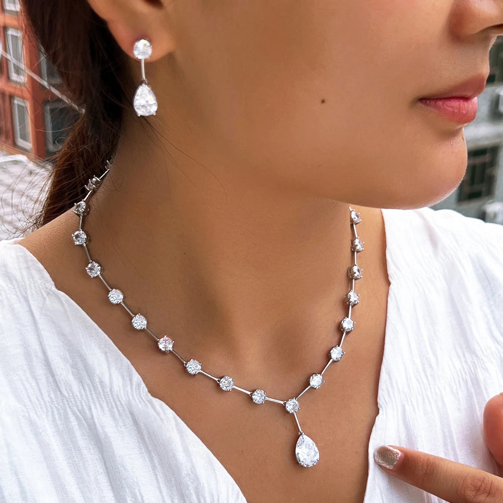 Sparkling White Cubic Zirconia Crystal Necklace and Earrings Big Chunky Water Drop Bridal Jewelry Set for Women Wedding