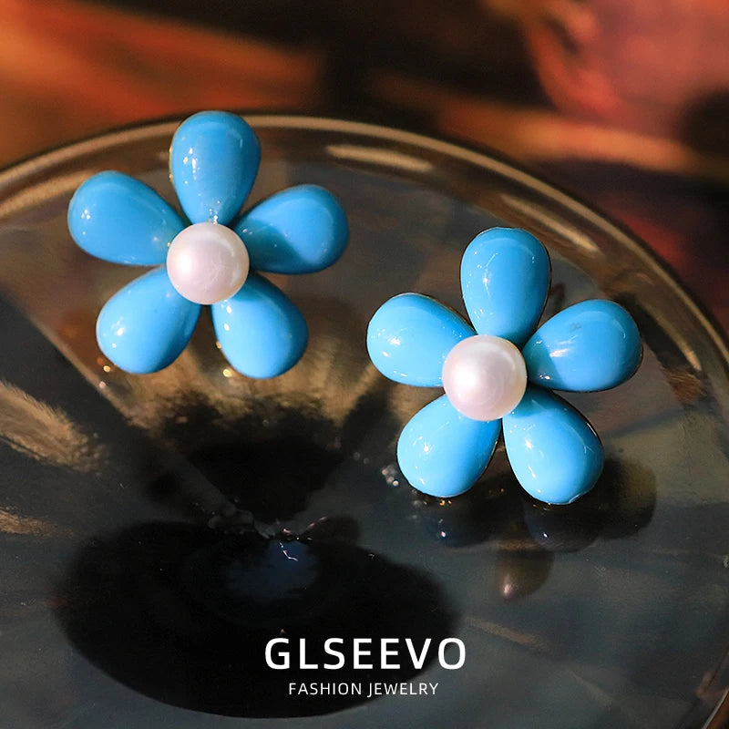 Natural Freshwater Pearl Earrings Blue Turquoise Flower-Shaped Earrings Beach Holiday Birthday Gift  for Women Jewellery GE1749