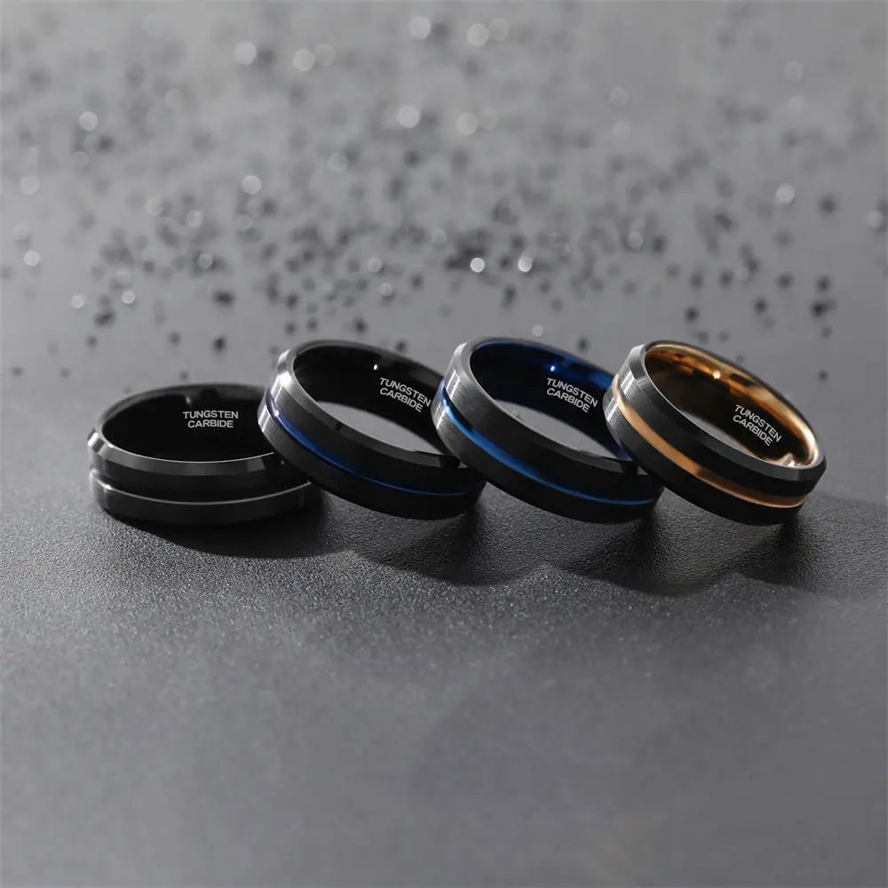 Black Tungsten Carbide Ring Thin Blue Line Inlay Fashion Jewelry Wedding Ring for Men and Women