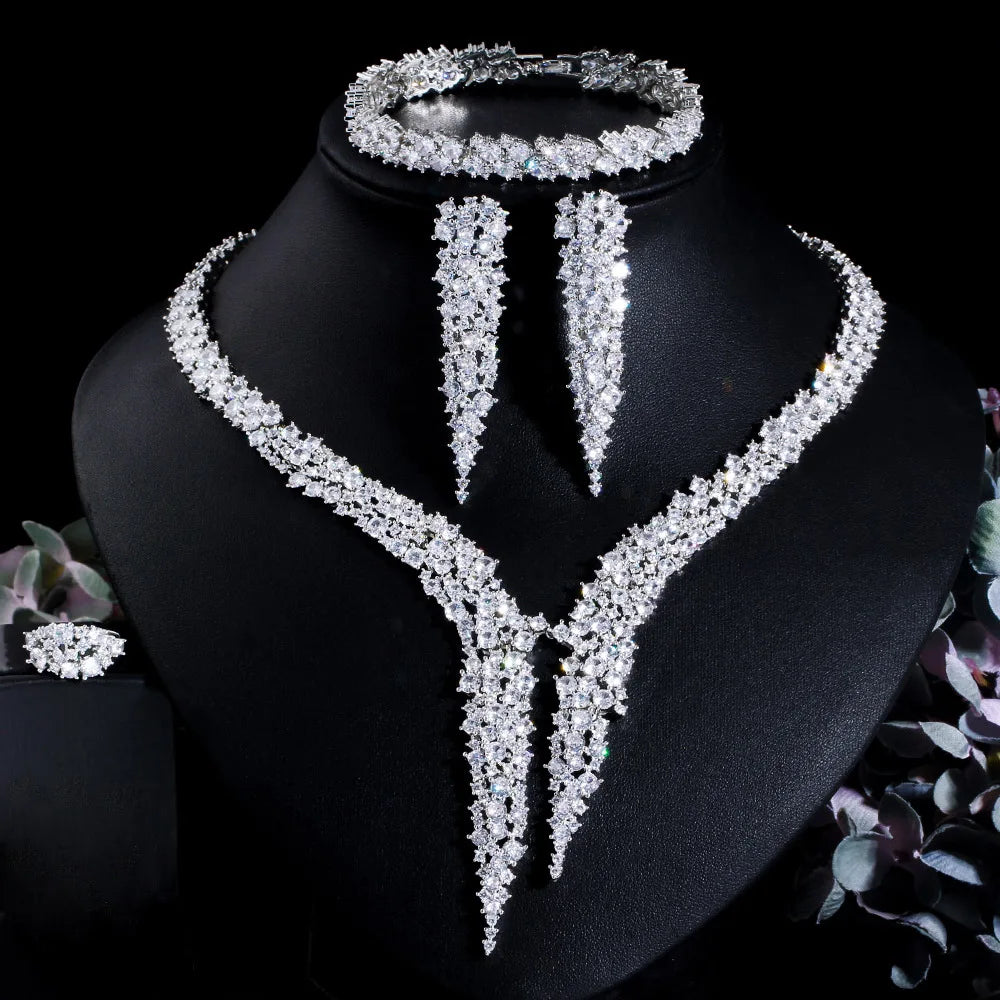 Dubai Brilliant CZ Heave Crystal Necklace Earrings Set 4Pcs Luxury Silver Women's Jewelry Dinner Party Wedding Bridal Gift