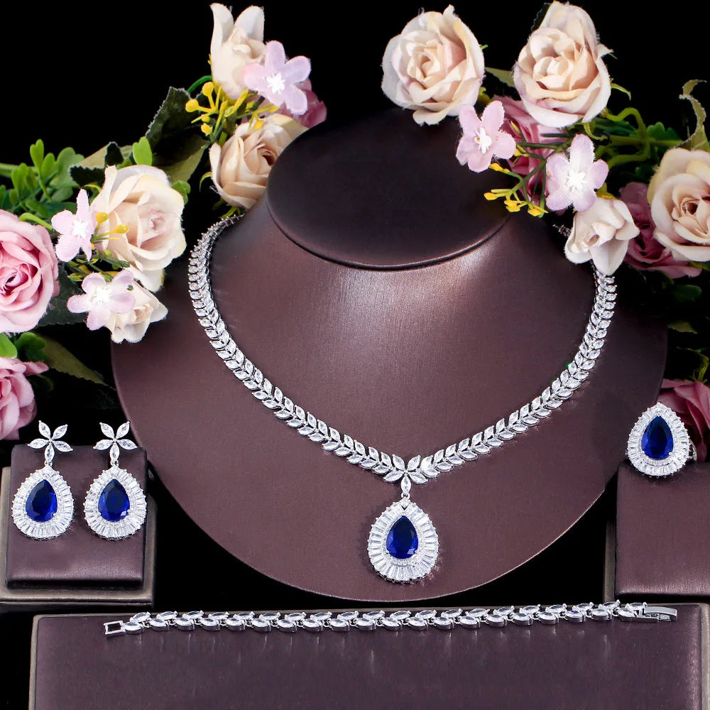 4 Pcs Wedding Jewelry Set Water Drop Royal Blue CZ Zirconia Necklace Earrings Ring Bracelet for Women Bridal Party Accessories