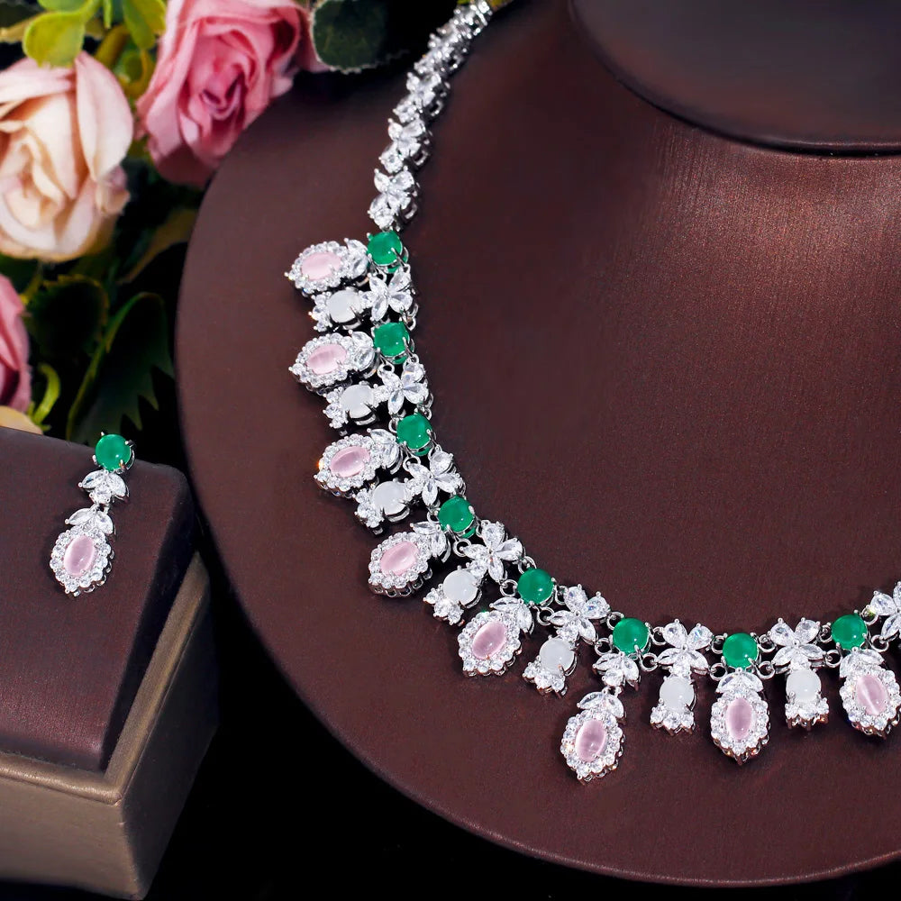 Women Fancy and Elegant Leaf Flower Shape Pink CZ Necklace Earrings Green Opal Cubic Zirconia Wedding Jewelry Set for Bridal