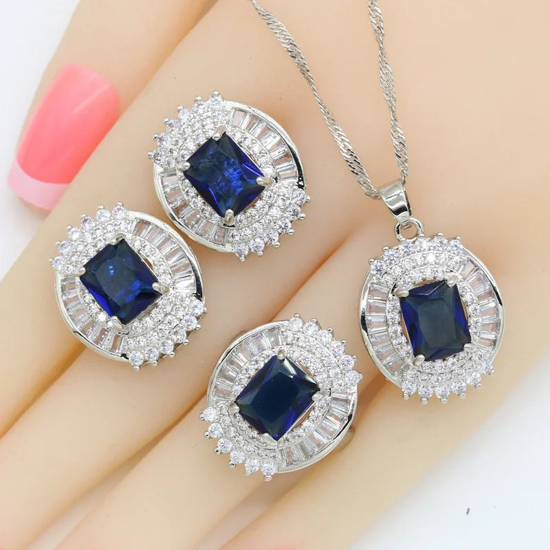 XOTICA Luxury Silver Jewelry Sets for Women Blue Zircon Bridal Bracelet Earrings Rings Necklace Pendant for Wedding Birthday Gift Idea