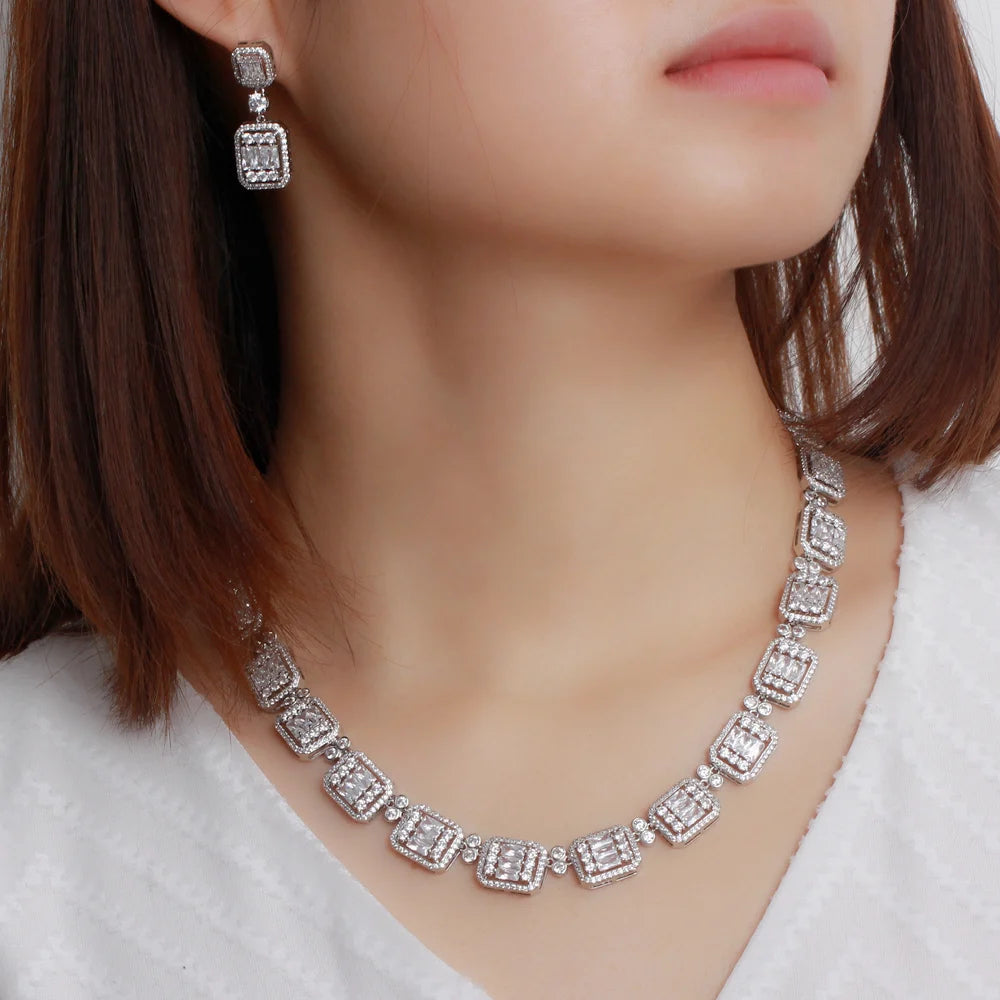2022 High Quality 3pcs 18k Gold Plated African Nigerian Cubic Zircon Square Party Necklace Earrings Bridal Wedding Jewelry Set