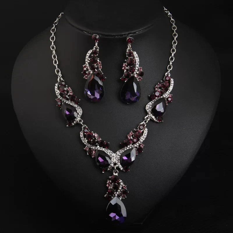 Luxury Princess-Cut Zirconia & Pearl Floral Statement Necklace & Drop Earrings Set — Silver Plated