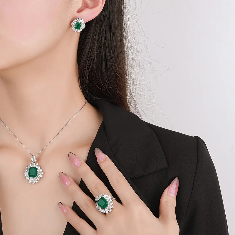 Gemfiori Light Luxury High-end Super Sparkling Zircon Pendant Earrings Ring Set Niche Temperament Simple Flower Jewelry
