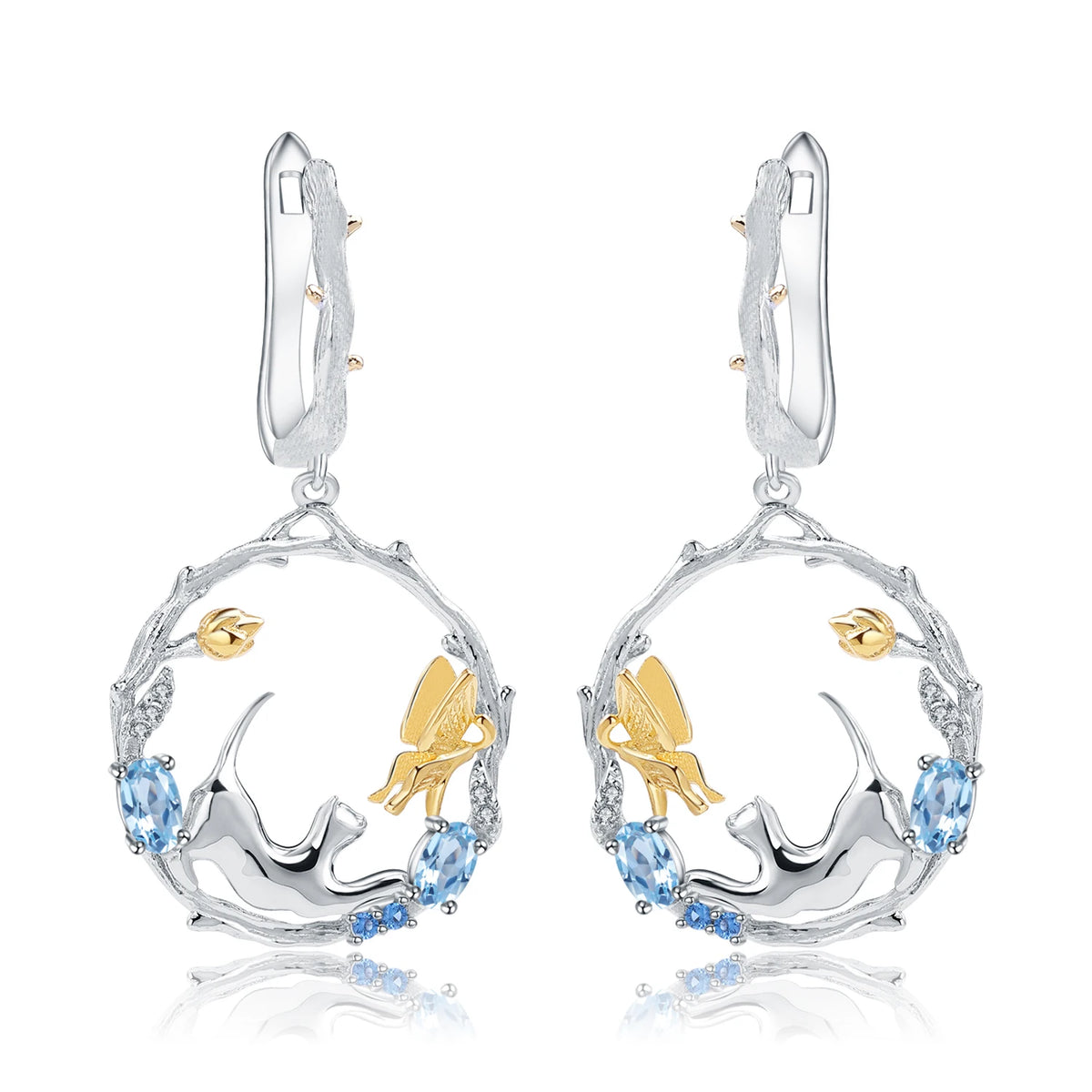 ArtistA C7784 Abiding Original Desig Kitten Chasing Butterfly Geometric Circle Oval Swiss Blue Topaz Drop Earrings Pendant & Ring Set