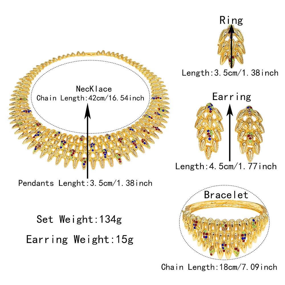 Zhuerrui Chic Leaf Multicolor Rhinestone Gold Plated Jewelry Set for Women Necklace Earrings Bracelet Ring Evening Jewelry I0101