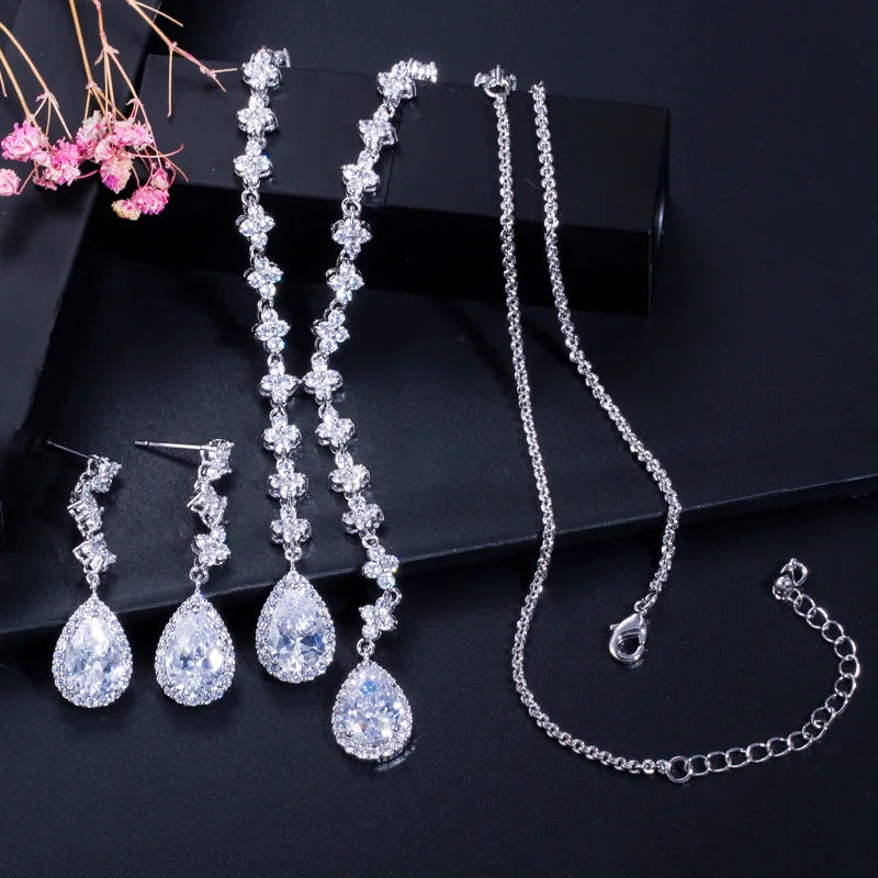 Fashion Mix Multicolor Cubic Zirconia Long Necklace and Earring Party Jewelry Set for Women Wedding Dress Accessories