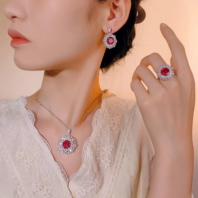 Gemfiori Bridal Wedding Luxury Ruby Flower Set with Zircon Exquisite Jewelry Wedding Necklace Earrings Three Piece Set