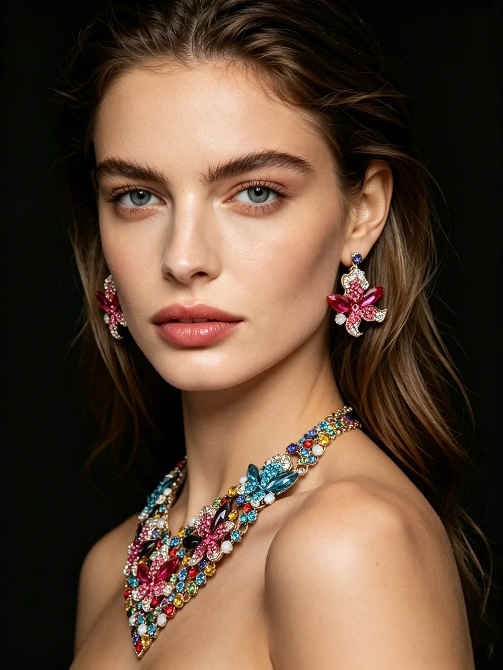 XM S293 Gold Plated Princess Cut Multicolour Zircon Floral Statement Necklace & Earrings Bridal Set