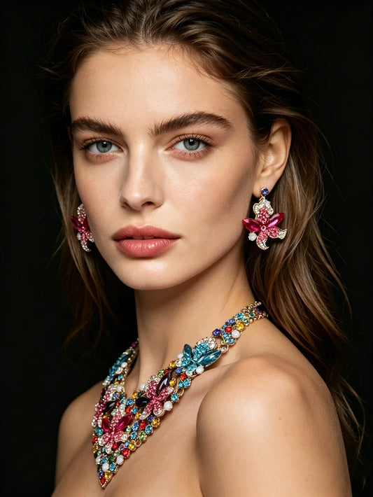 XM S293 Gold Plated Princess Cut Multicolour Zircon Floral Statement Necklace & Earrings Bridal Set