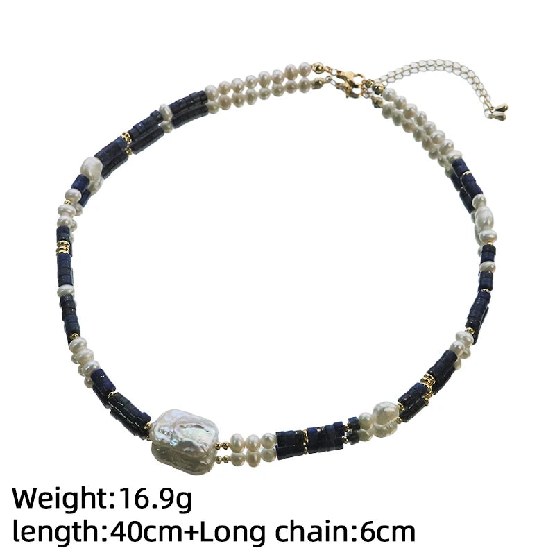 GLSEEVO Natural Freshwater Baroque Pearl & Lapis Lazuli Necklace & Bracelet Set — Bold Statement Jewellery