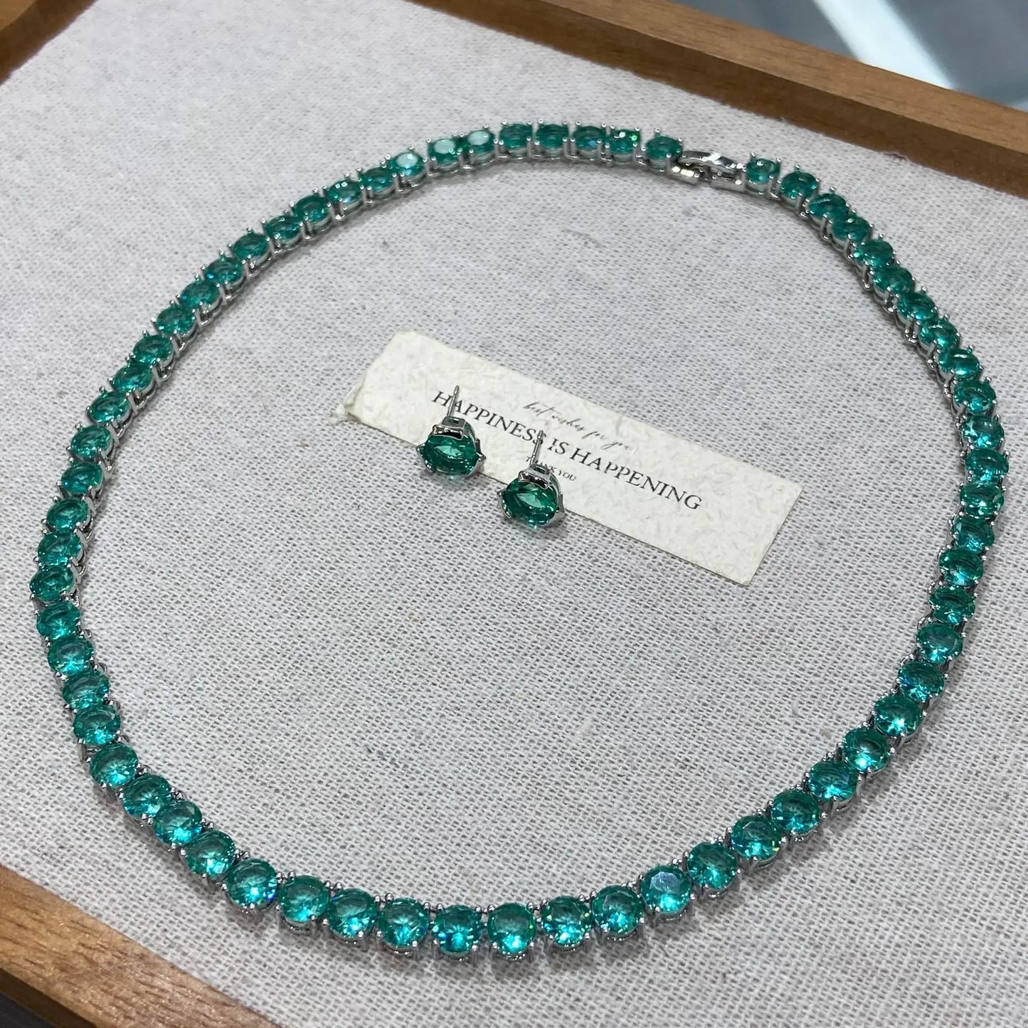 Blue-Green Cubic Zirconia Tennis Chain Necklace & Stud Earrings Set — Rhodium Plated