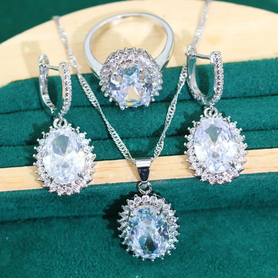 XOTICA AAA 925 Silver Women's Jewelry Set with Zircon Classic Style Wedding Bridal Earrings Necklace Pendant Ring for Party Dating Gift