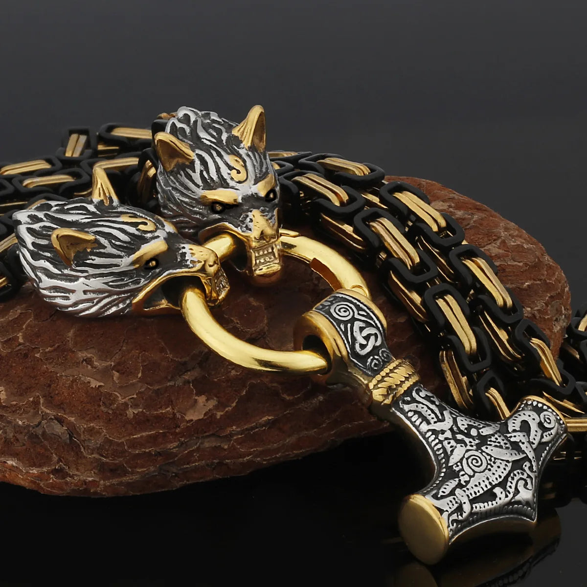 Wholesale Men's Stainless Steel Punk Pendant Necklace Gold Plated Thor Hammer Mjolnir for Mens Jewelry