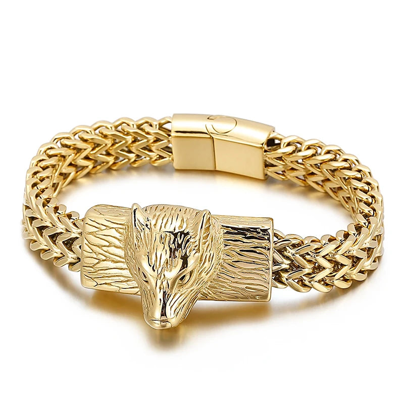 REBEL Punk Fine Jewelry Fashion Bracelets Men Stainless Steel Wolf Head Links Bracelet Bangle