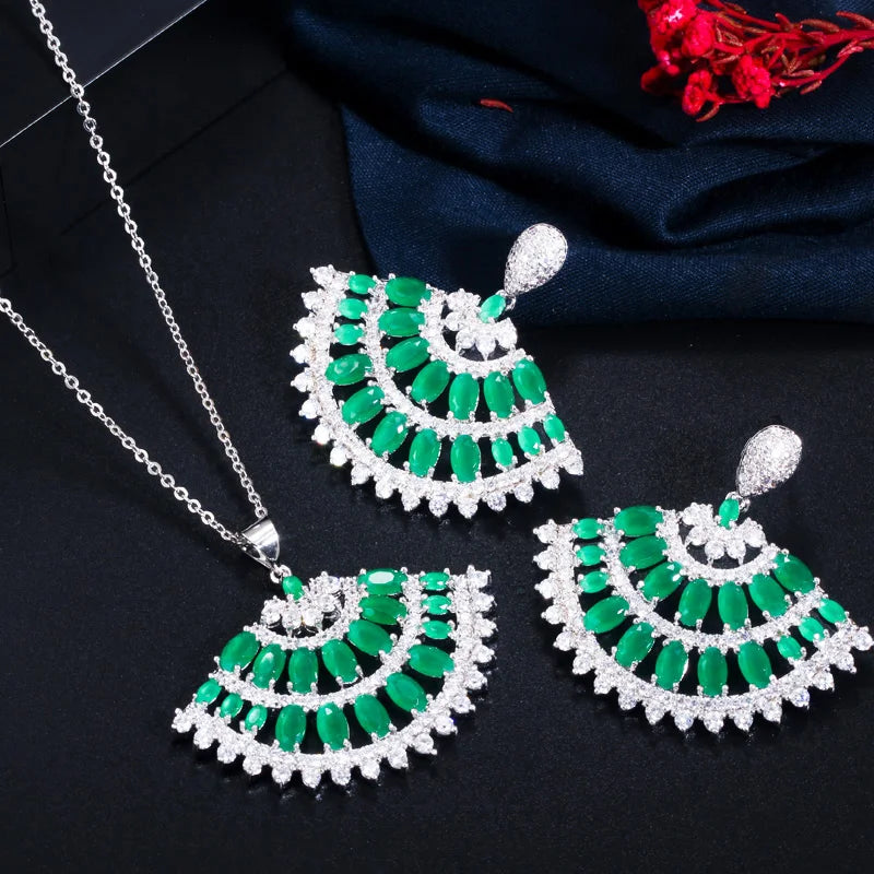 Big Long Dangle Earrings Green Fan Shaped Chain Link Necklace Cubic Zircon Engagement Jewelry Set for Women Costume Accessories
