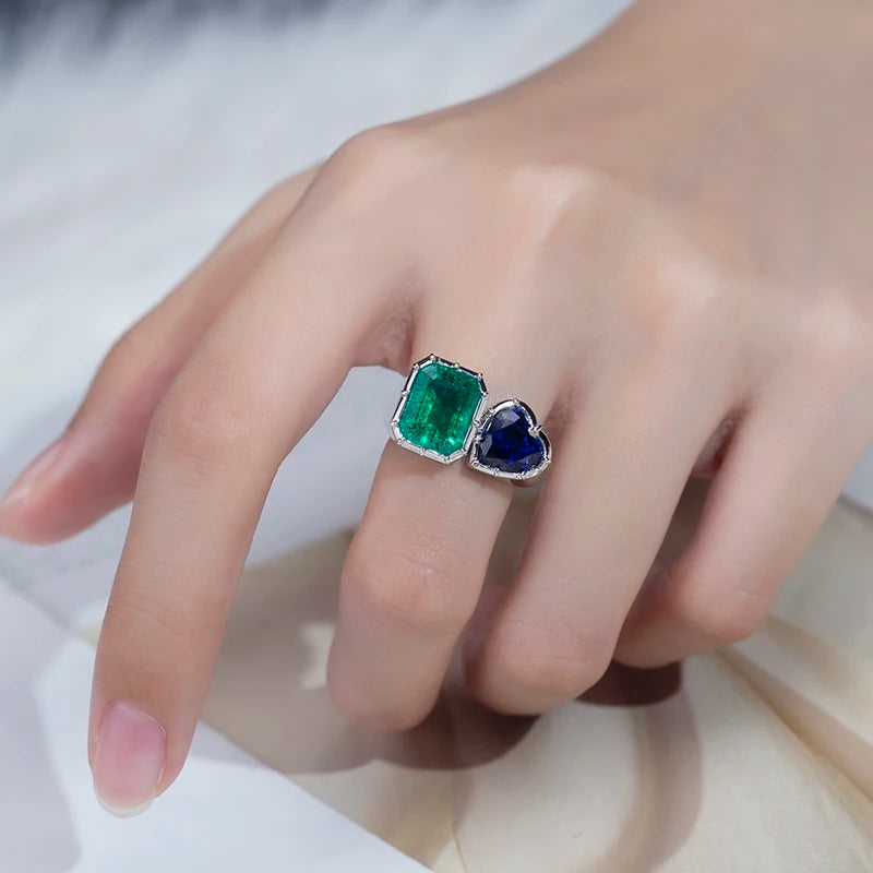 Messi Jewelry  MSR-1170 18K White Gold Lab Sapphire Lab Emerald Gemstone Custom Rings