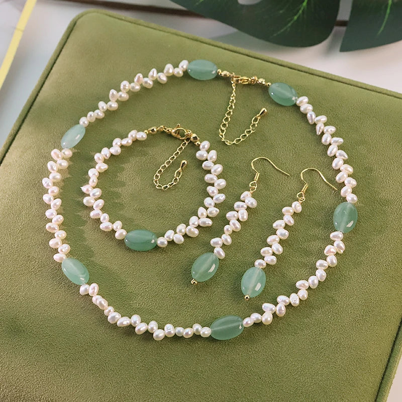GLSEEVO Natural Freshwater Pearl & Green Stone Bead 3-Piece Jewellery Set — Necklace, Bracelet & Earrings