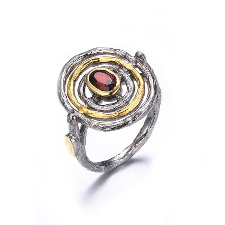 Garnet 925 Sterling Silver Ring Bark Grain Circle Design Red with Gold Plated Vintage Perfect Silver Ring