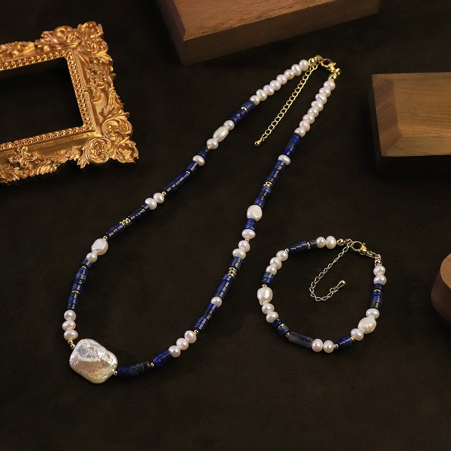 GLSEEVO Natural Freshwater Baroque Pearl & Lapis Lazuli Necklace & Bracelet Set — Bold Statement Jewellery