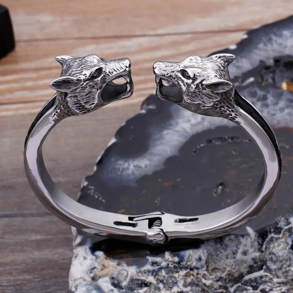VIKING Mens Punk Wolf Leather & Stainless Steel Bangle – Silver