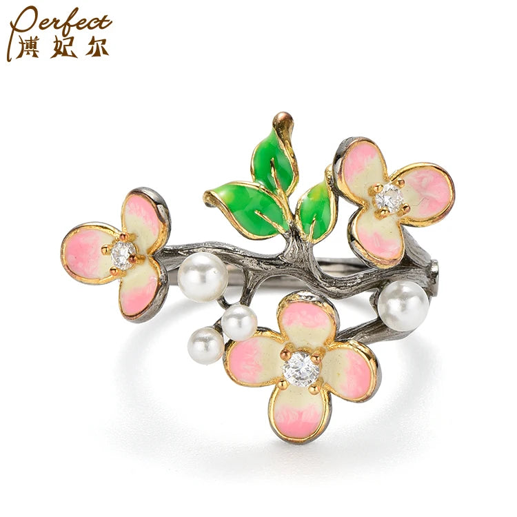 New Style Handmade Design Enamel Jewelry Women Flower Shape Luxury 925 Sterling Silver Ring
