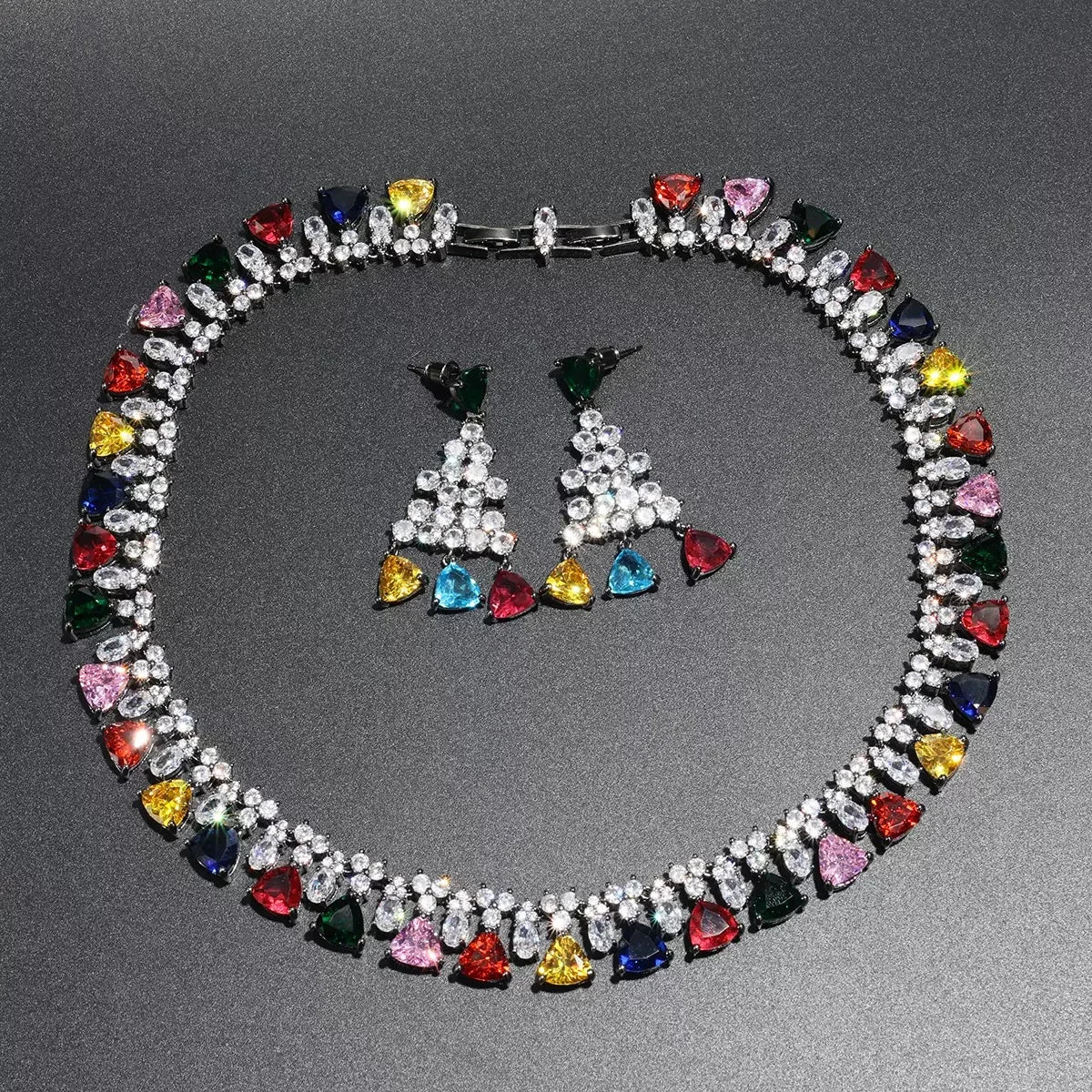 Bella Viva Luxury Multicolor Triangle 3A Cubic Zirconia Earrings & Necklace Set for Women Rainbow Color Party Jewelry